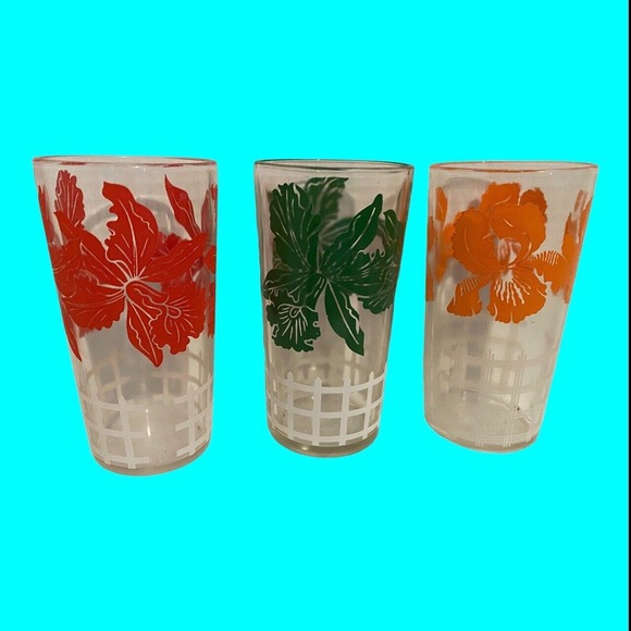 8 Floral Drinking Glasses Wire Caddy 7 Irises Hazel Atlas 1 Rose Libbey Country - Picture 9 of 13